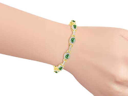 Rylos Bracelets For Women 925 Yellow Gold Plated Silver Tennis Bracelet Gemstones & Halo Of Diamonds Adjustable To Fit 7"-8" Wrist, 9 Gorgeous 6X4Mm Emerald Jewelry For Women Friendship Bracelets #TOP1