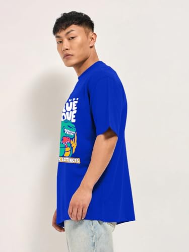 Image of LEOTUDE Half Sleeve Oversized Tshirt for Men, Round Neck Cottonblend Drop Shoulder Printed T-Shirt (Black Color)
