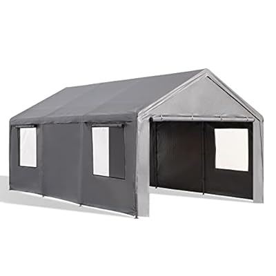 Gardesol Carport, 12'x20' Extra Large Heavy Duty Carport with Roll-up Ventilated Windows, Portable Garage with Removable Sidewalls & Doors for Car, Truck, SUV, Car Canopy with All-Season Tarp, Gray