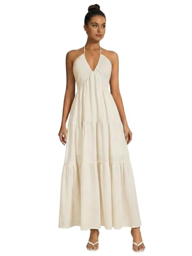 OYOANGLE Womens Summer Beach Halter Sundress Formal Wedding Guest Dress Backless Flowy Vacation Boho Maxi Dresses Beige Large