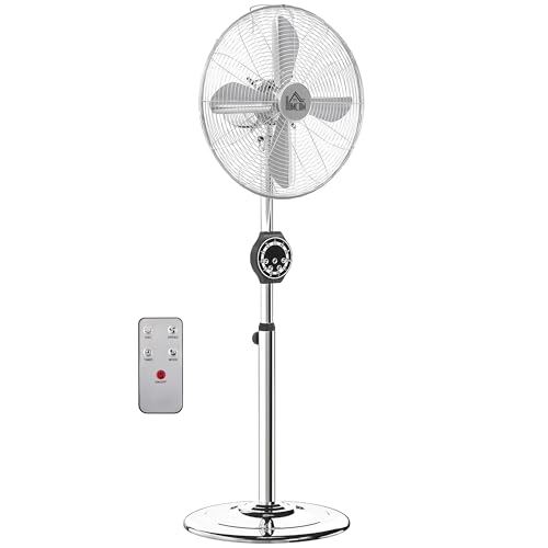 HOMCOM Ventilador de pie potente 50W, Ventilador regulable en altura 120-135 cm, 3 velocidades, oscilación 75°, temporizador 7.5H, mando a distancia, modo de espera, para oficina y dormitorio, plata