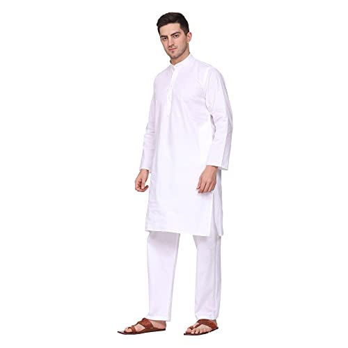 Men Cotton Kurta Pyjama Set Casual Regular Ethinic Wear Indian Dress White2