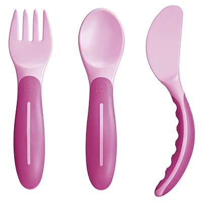 Mam Baby'S Cutlery Set Posate Antiscivolo,Con Forchetta, Cucchiaio E Coltello, 6+ Mesi, Rosa