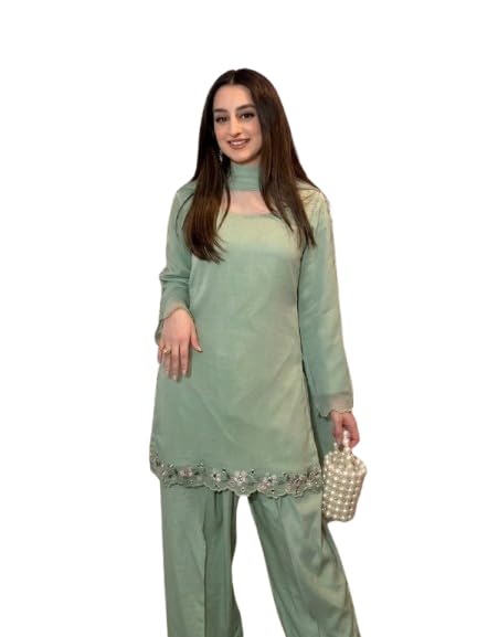 Pakistani Suit Set for Women Embroidered Kurta Palazzo Dupatta Set Sage Green Grey Maroon Floral Border Work Ethnic Wear-picture-28