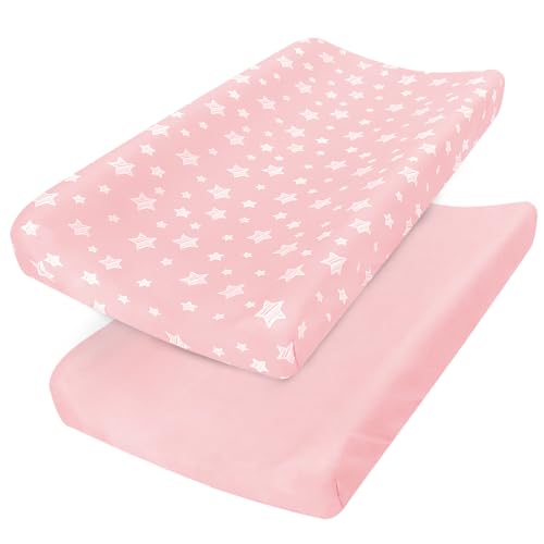 Image of Changing Pad Cover for Girls 2 Pack, Lovely Print Soft Diaper Change Table Sheets, Fit 32 inchx16 inch Contoured Pad, Comfy Cozy 2-Pack Cradle Sheets,Pink&Pink Stars