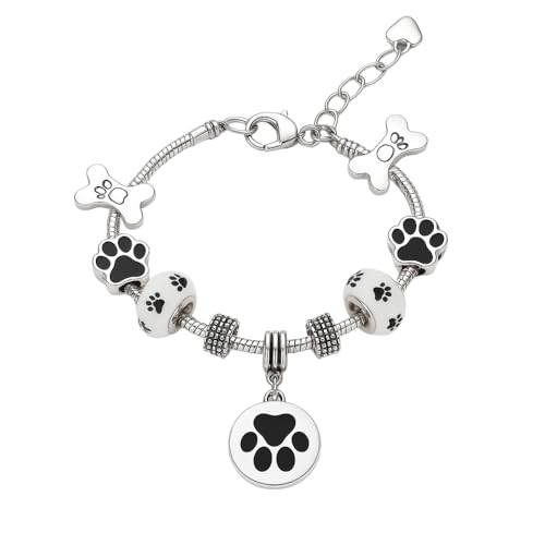 Infinity Collection Dog Paw Print Charm Bracelet – Silver Pet Lover Jewelry with Paw Beads & Bone Charms – Gift for Dog Moms, Pet Owners, Animal Lovers, and Rescue Volunteers
