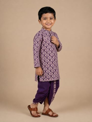 Image of The Mom Store Baby /Kids Boys Dhoti Kurta Set | Dhoti and Kurta | 100% Cotton | Comfortable | Ethnic | Festive Look | Block Prints | Colored Dhoti | Blue