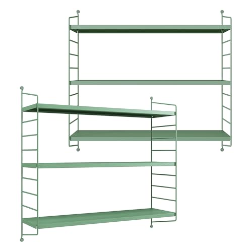 [en.casa] Juego de 2 Estantería de Pared Strängnäs Estante Mural Baldas de 3 Niveles Mueble de Salón Despacho Acero Duradero 50 x 60 x 15 cm - Verde Pastel