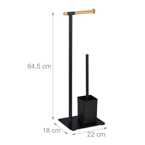 Image of Relaxdays WC Set, Bamboo, Stainless Steel, Free-Standing, incl. 2 Spare Heads, Toilet Roll & Brush Holder, Black /Natural, 64.5 x 22 x 18 cm