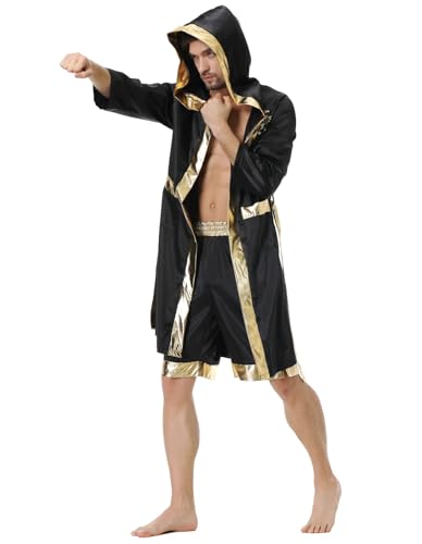 Yolsun Adult Men Boxing Costume Black Gold Boxer Hooded Robe And Shorts Set Halloween thumb #5