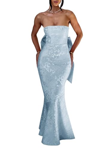 Satin Prom Dresses for Women 2025 Long Jacquard Floral Strapless Mermaid Badycon Formal Evening Dress with Bow