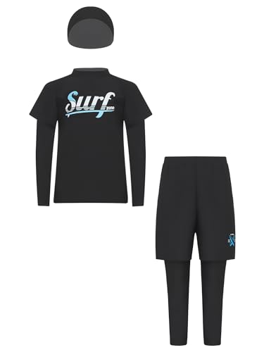 3Pcs Kids Boys Teen Swimsuit Long Sleeve Swim Top with Double Layers Swim Pants and Swim Hat - Main Image