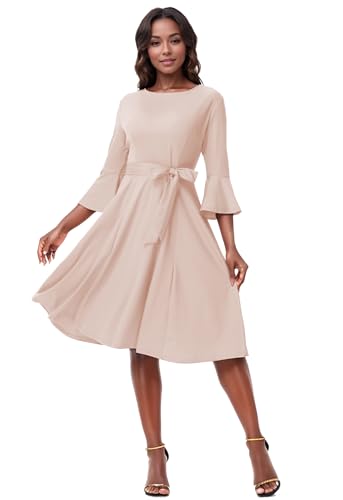 Image of Hostoyo Church Dress for Women Wedding Guest Cocktail Party Dresses Evening Prom Formal Modest Gowns Crew Neck Bell Sleeve