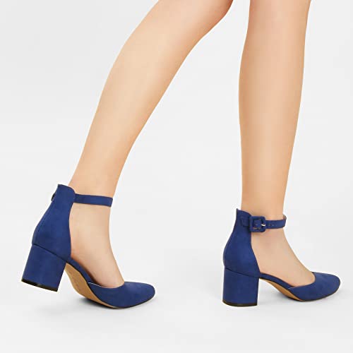 Image of Ankis Closed Toe Heels for Women -Navy Blue Pointed Toe Heels Low Block Chunky Women Pumps with Ankle Strap -2.25 Inch