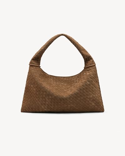 Image of NEWBELLA Women's Vegan Leather Woven Tote, Vintage Suede Hobo, Suede Woven Purse Shoulder Bag Top-Handle Bag (Khaki)