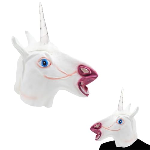 EduPlayte Máscara de unicórnio de carnaval, máscara de cabeça completa de látex para disfarces de Cosplay, adultos e festas temáticas, material vinil branco-rosa, ideal para carnaval