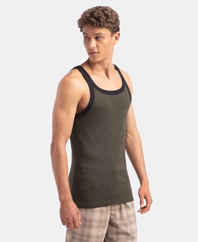 Image of Jockey US27 Men's Super Combed Cotton Rib Square Neck Gym Vest (Shoulder Strap Color May Vary) Olive & Black XL
