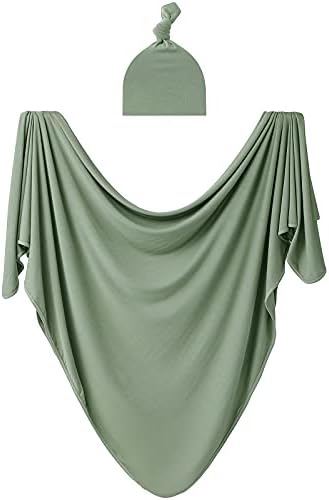 Bayceen Large Rayon Jersey Knitted Swaddle Blanket for Baby, Soft Stretchy Receiving Blanket for Newborns with Hat, Large 47 x 47 inches (Sage)