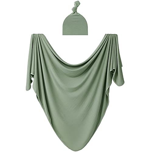 Image of Bayceen Large Rayon Jersey Knitted Swaddle Blanket for Baby, Soft Stretchy Receiving Blanket for Newborns with Hat, Large 47 x 47 inches (Sage)