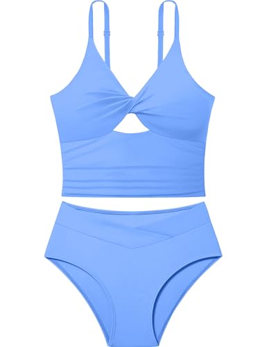 Doumlop Girls Swimsuits Size 14-16 Swimsuits for Teen Girls Size 16 Color Block Tankini Set Twist Girls Bathing Suit Two Piece Swimwear Bikini Blue