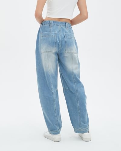 Womens Barrel Jeans High Elastic Waisted Wide Leg Boyfriend Baggy Loose Ankle Denim Pants with Pockets4