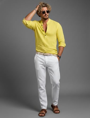 Image of Men's Cotton Blend Straight Kurta Shirt with Mandarin Collar - Slim Fit Casual Short Kurti Featuring Textured Slub Fabric and Roll-Up Full Sleeves