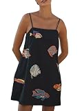 Women Boho Mini Cami Dress Graffiti Spaghetti Strap Aline Fruit Dress Cute Colofrul Short Beach Sundress(Black,Small)