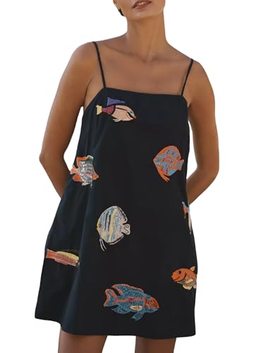 Women Boho Mini Cami Dress Graffiti Spaghetti Strap Aline Fruit Dress Cute Colofrul Short Beach Sundress(Black,Medium)