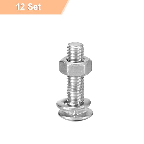 Image of uxcell M6x25mm Square Neck Carriage Bolts with Nuts & Washers, 12Set 304 Stainless Steel Round Head Square Neck Coach Bolt Screws, Silver Tone