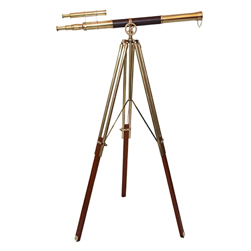 Royal Nautical Vintage Shiny Brass Double Barrel Telescope Floor Standing Wooden Tripod Vintage Telescope 65''