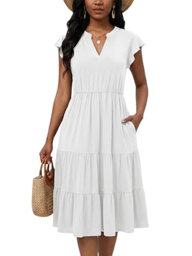 Image of Womens Summer Dress Ruffle Sleeve V Neck Midi Dresses Casual Fit Flowy Tiered Boho Beach Vacation Sundress