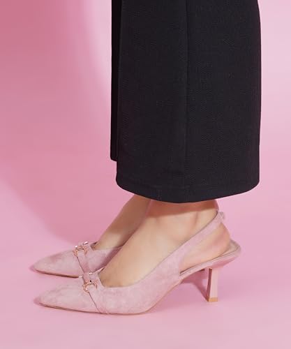 Image of JM LOOKS Women's Sophisticated Pointed Toe Slingback Kitten Heels with Metallic Buckle Accent for Professional and Evening Elegance