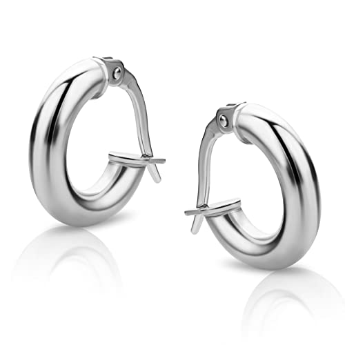 14K Gold Earrings for Women in 14K White Gold 585 Round Hinge Backs Loops, Huggies, Gold Hoops Earrings 0.55Inch Hypoallergenic Earrings for Women, Woman's Jewellery Delivered in Jewelry Box