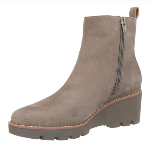 Vionic Women’s Aria Water-Repellent Ankle Bootie – Wedge Platform Boots with VIO Motion Technology, Built in Arch Support Footbed Stone Grey Waxed Suede