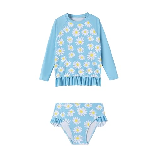 Image of LIZENS Girls Two Piece Swimwear Tankini Long Sleeve Ruffle Trim Swimsuit 2-12Years for Kids Daisy Pattern
