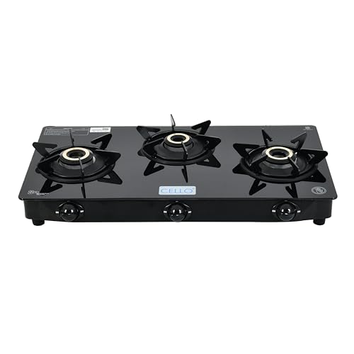 Image of Cello DEZIRE PRO PLUS 3 Burner Gas Stove | Manual Ignition | Direct Flame Brass Burners | 6mm Toughened Glass Top | Hexa Pan Supports | ISI Certified | LPG | 1Yr Warranty