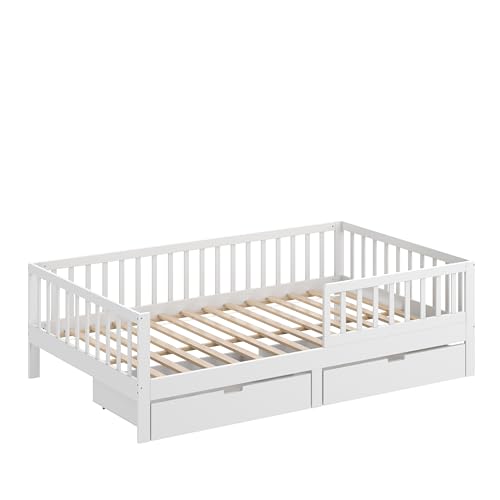 CADANI Nik Kinderbettt 120x200 cm Weiß, Montessori Rausfallschutz abnehmbar, Umbaubar inkl. Schublade und Roll-Lattenrost, Juniorbett bis 200 kg belastbar
