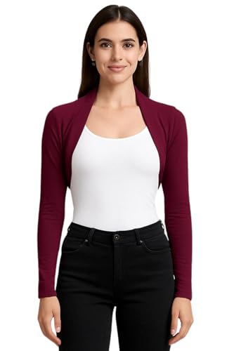 STAR FASHION Bolero de manga larga para mujer, mini blusa, parte delantera abierta, recortada, chaqueta ligera de verano, 8-26, Vino, 40/42/corto