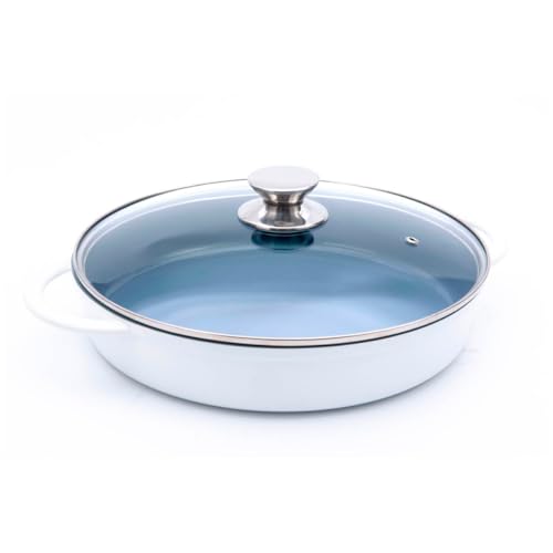 Caçarola Baixa Hercules Indução Antiaderente Ceramico Tampa de Vidro Redonda Branca 30cm 3,5 Litros  