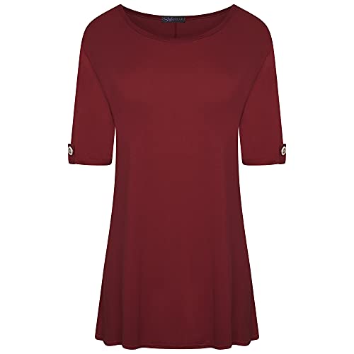 Shop & Stop Top liso de manga corta para mujer, cuello redondo, botones acampanados, tallas 14-28, talla grande, Vino, 24-26 Cover