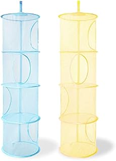 UESDU Hanging Mesh Storage Bag 2 PCS Collapsible Hanging Mesh Basket Foldable Hanging Soft Toy Storage Hanging Mesh 4 Tier Compartments Hanging Mesh Storage Basket (Blue & Yellow)