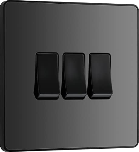 BG Electrical Triple Wall Light Switch, 2 Way, Screwless Front Plate, Round Edges, Evolve, Black Chrome, 20A, 16AX, PCDBC43B