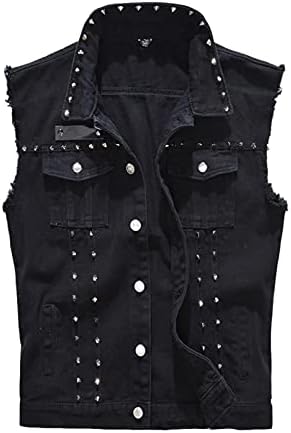 Idopy Men`s Retro Punk Studded Denim Jeans Vest Sleeveless Jacket (Medium, Rivet Black)