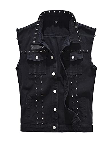 Men`s Retro Gothic Punk Studded Denim Jeans Vest Sleeveless Jacket With Rivet