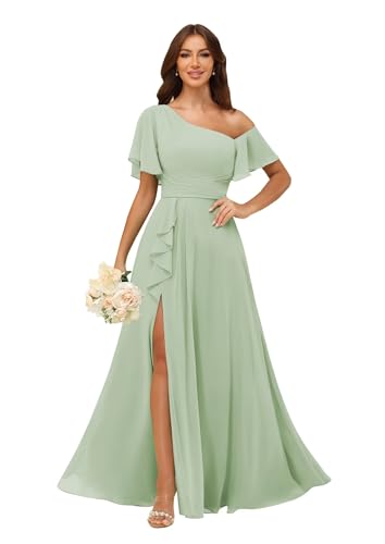Image of One Shoulder Bridesmaid Dresses for Women with Pockets Short Sleeve Ruffled Chiffon Formal Evening Gowns