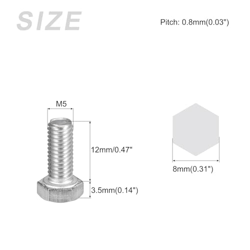 Image of METALLIXITY Hex Bolts (M5-0.8x12mm) 50Pcs, 304 Stainless Steel Coarse Fully Threaded Hex Head Screw Bolt Machine Screws - for Furniture Repair, Silver