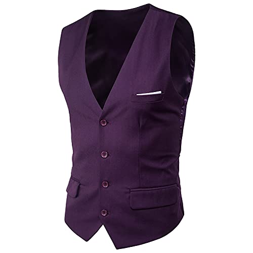 Men's Slim Fit Business Dress Suit Vests Premium Wool Waistcoat Prom Wedding Tuxedo Button Square Set Business Vest (Purple,X-Large)
