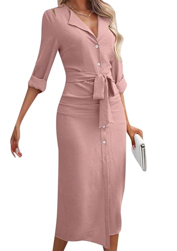 OMZIN Women Button Down Lapel Collar Shirt Dress Belted Slim Fit Dresses Spring Fall Cocktail Pencil Dress