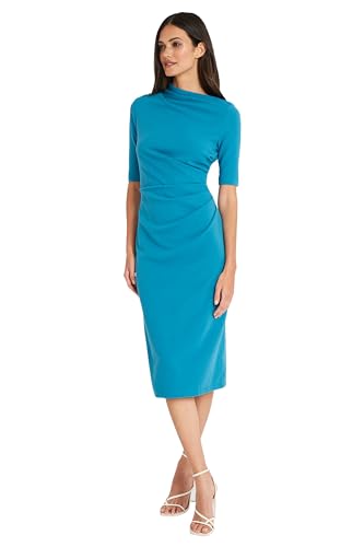 Image of Maggy London Women's Maggy London Women's Dresses Side Pleat Dress with Asymmetric Neck and Elbow Sleeves
