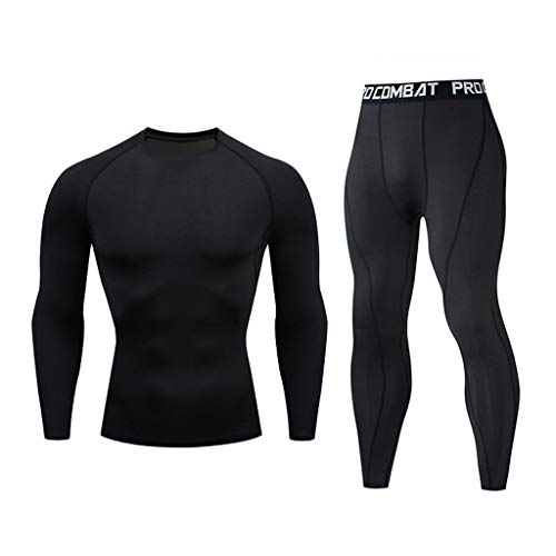 Rikay Mens Sports Sets, 2 Pieces Men's Sports Suit Sets Compression Tights & Shirts Gym Yoga Fitness Tracksuits Black